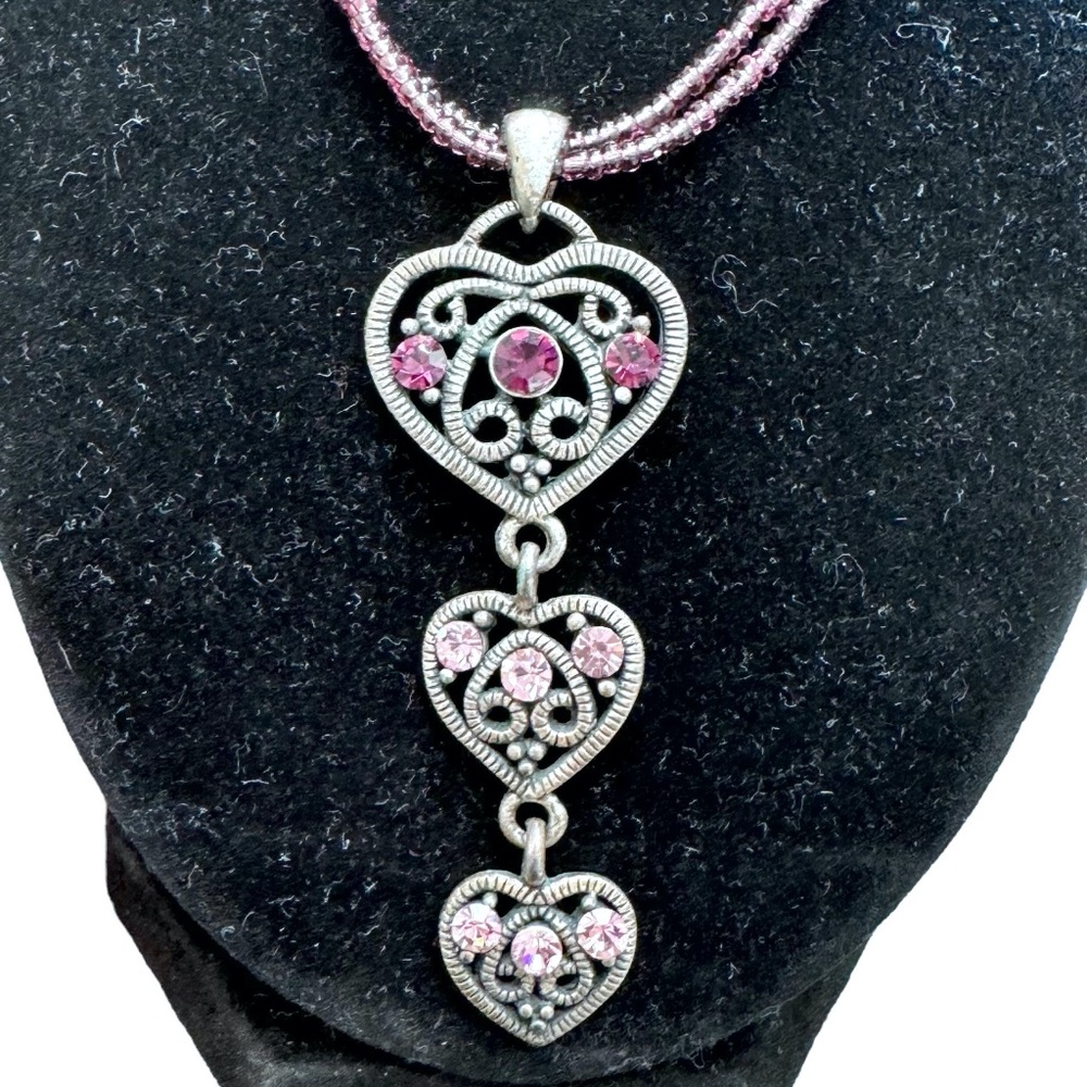 SILVER TONE 3 FILAGREE HEARTS W PURPLE CRYSTALS PENDANT ON PURPLE BEAD NECKLACE